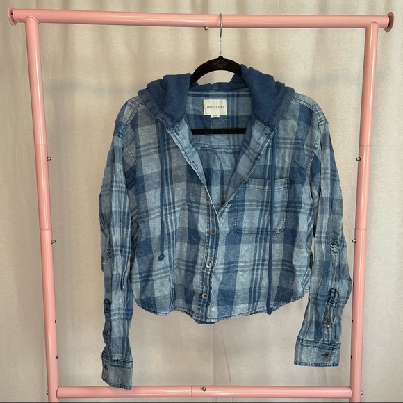 American Eagle Cropped Flannel Hoodie size Medium - Picture 1 of 5